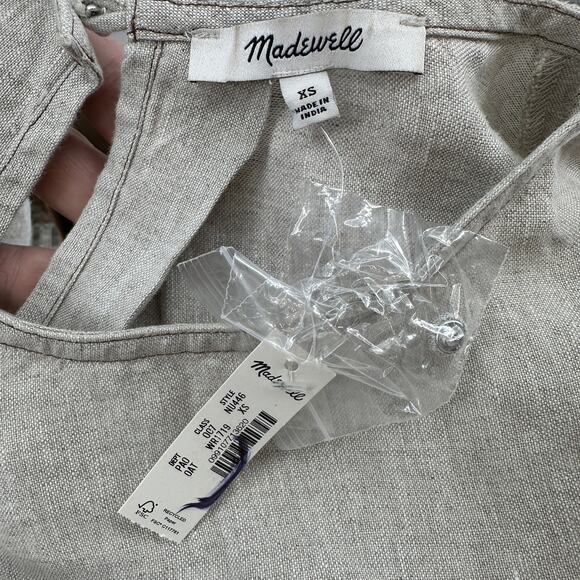 Madewell Linen Pleated Shell Top Sz XS Oat Wide Swing Hem Keyhole Back High Neck - Picture 11 of 12